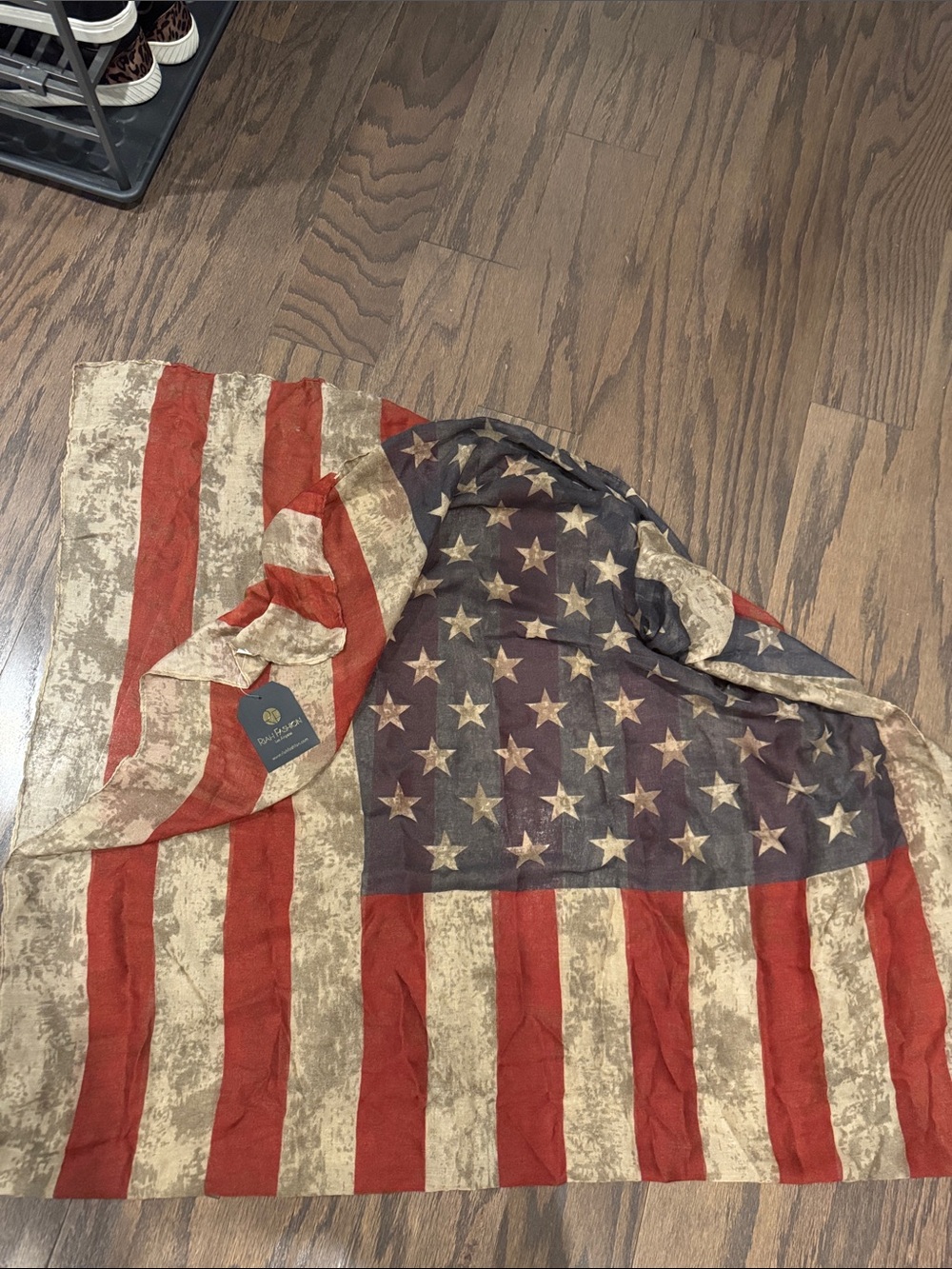 Vintage-Style American Flag Scarf/Throw in Red, Blue, and Cream.